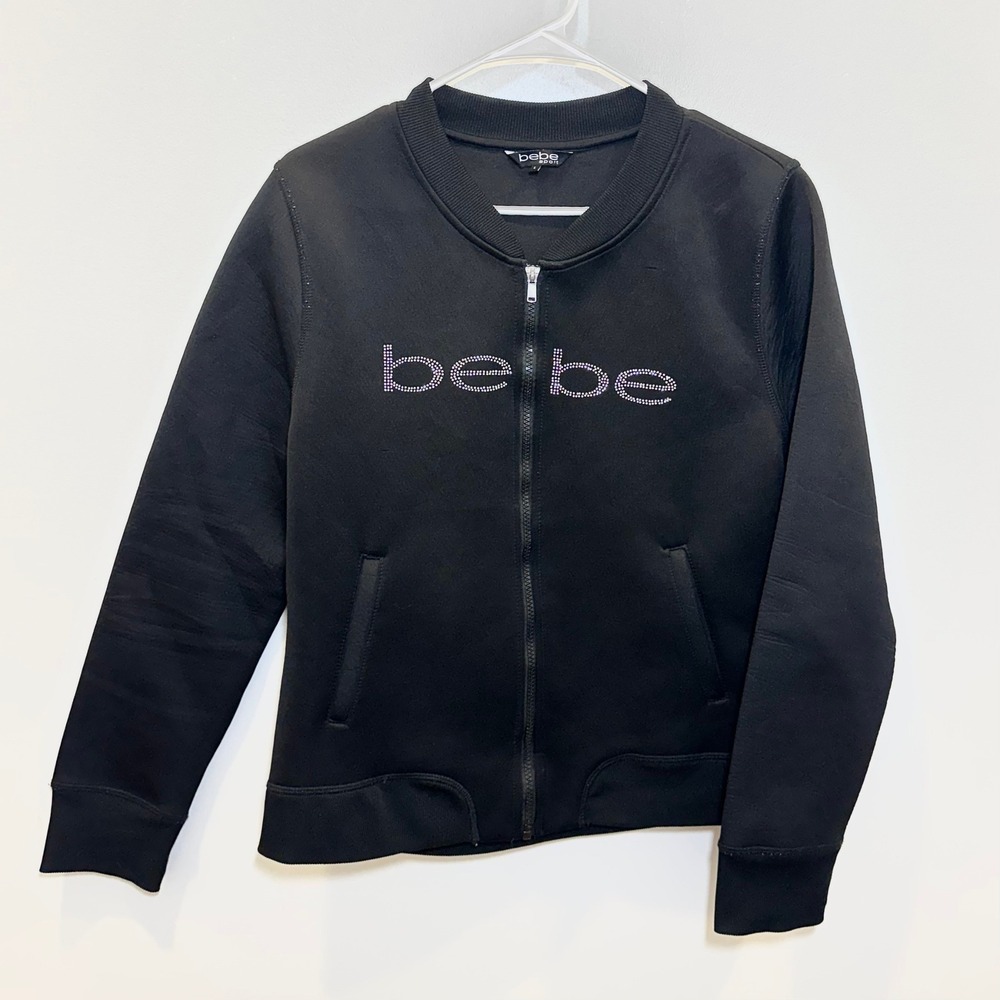 Bebe Sport Womens Black Rhinestone‎ Logo Scuba Zip Up Bomber Jacket Large